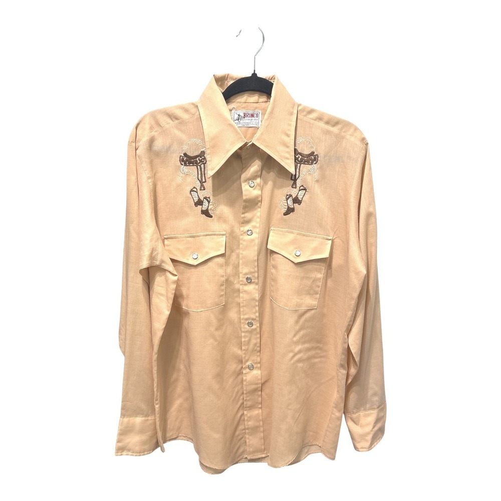 Vintage Bronco Western Tan Embroidered Saddle Boot Pearl Snap Shirt Men's Large